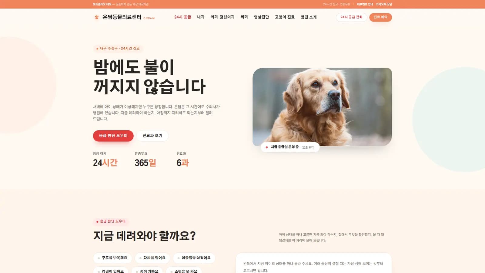동물병원 홈페이지 '온담' — 24시 응급 판단 도우미 대표 화면