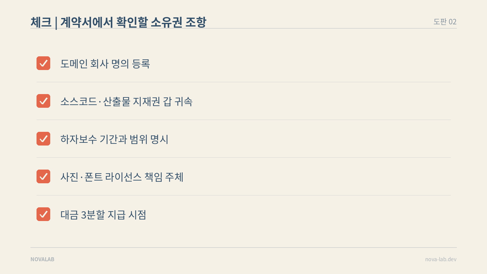 계약서에서 확인할 소유권 조항 다섯 가지를 정리한 도판