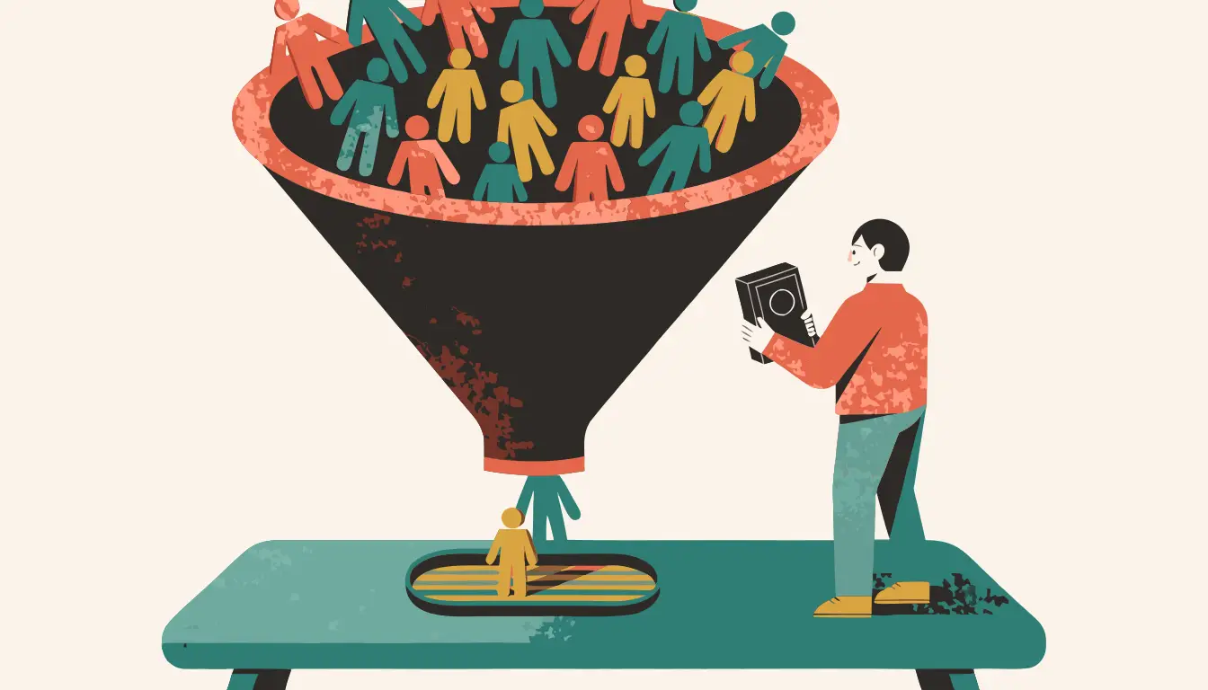 방문자 다수가 깔때기로 들어가 소수만 전환되는 모습 — 전환율 개념