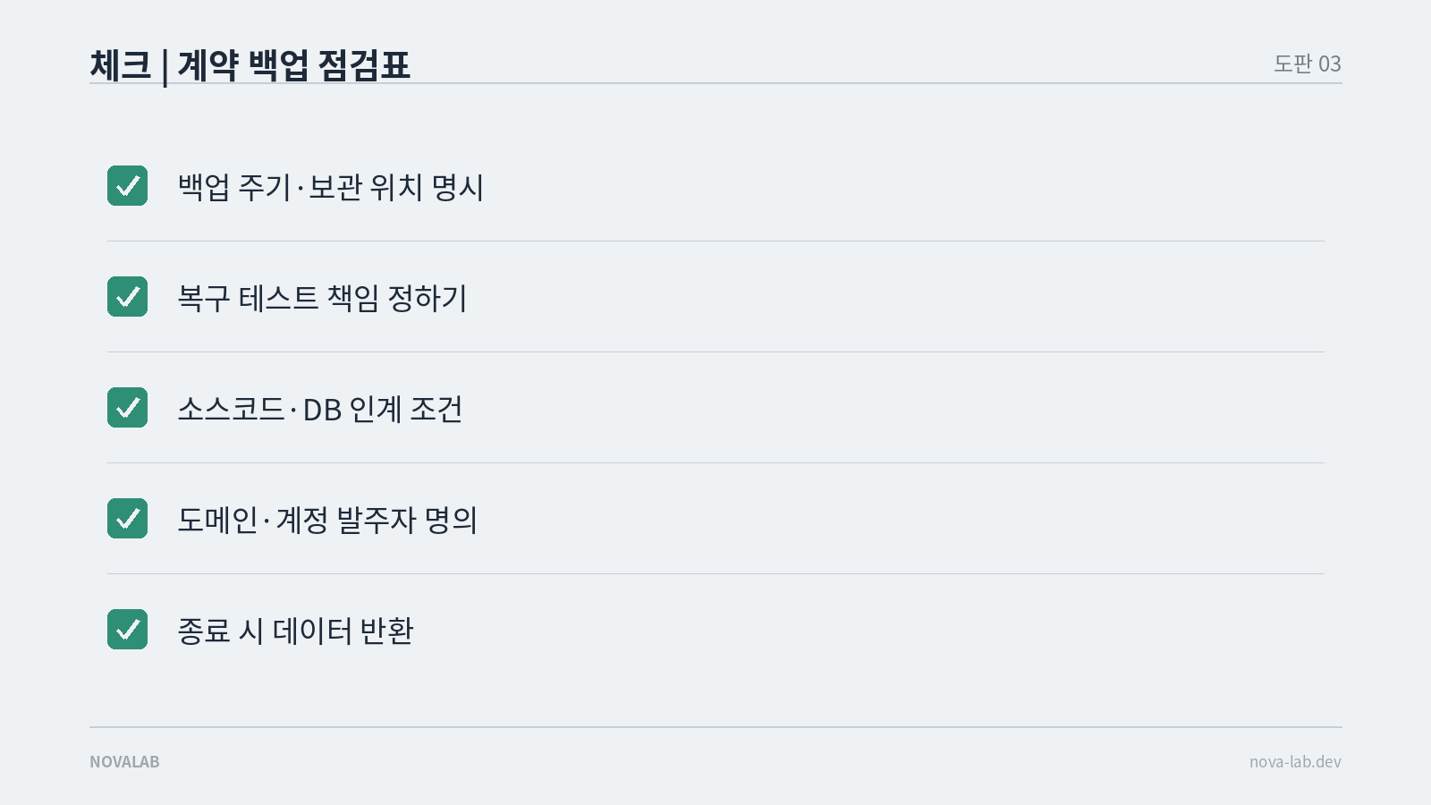 백업 주기·복구 테스트·소스코드/DB 인계·소유권·데이터 반환 계약 점검 항목