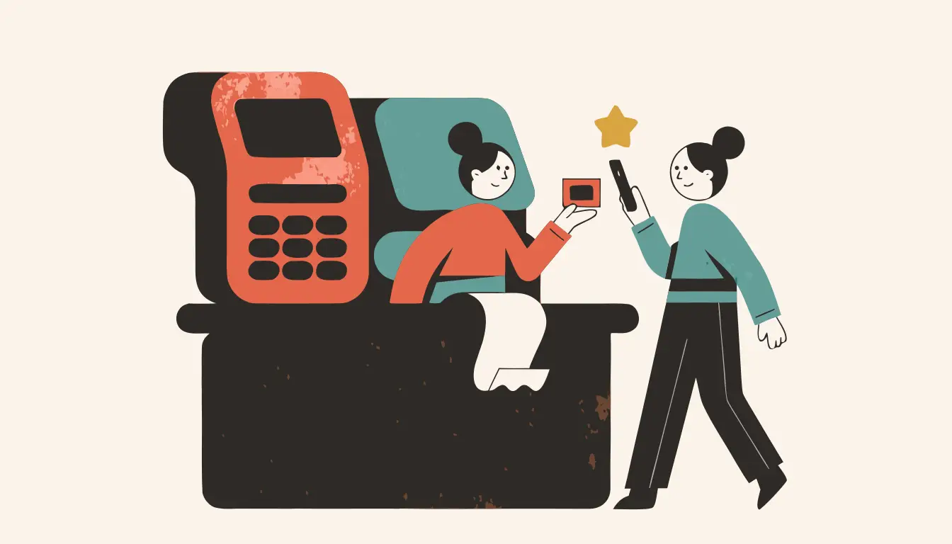 계산 직후 손님에게 리뷰 QR 카드를 건네는 가게 장면 — 정직한 리뷰 요청