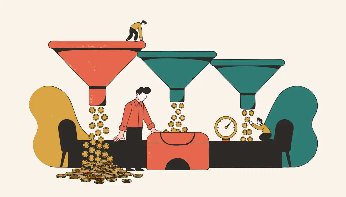 폭이 다른 세 개의 깔때기로 동전이 흘러 계산대로 모이는 장면 — 채널별 수수료 비율 차이 비유